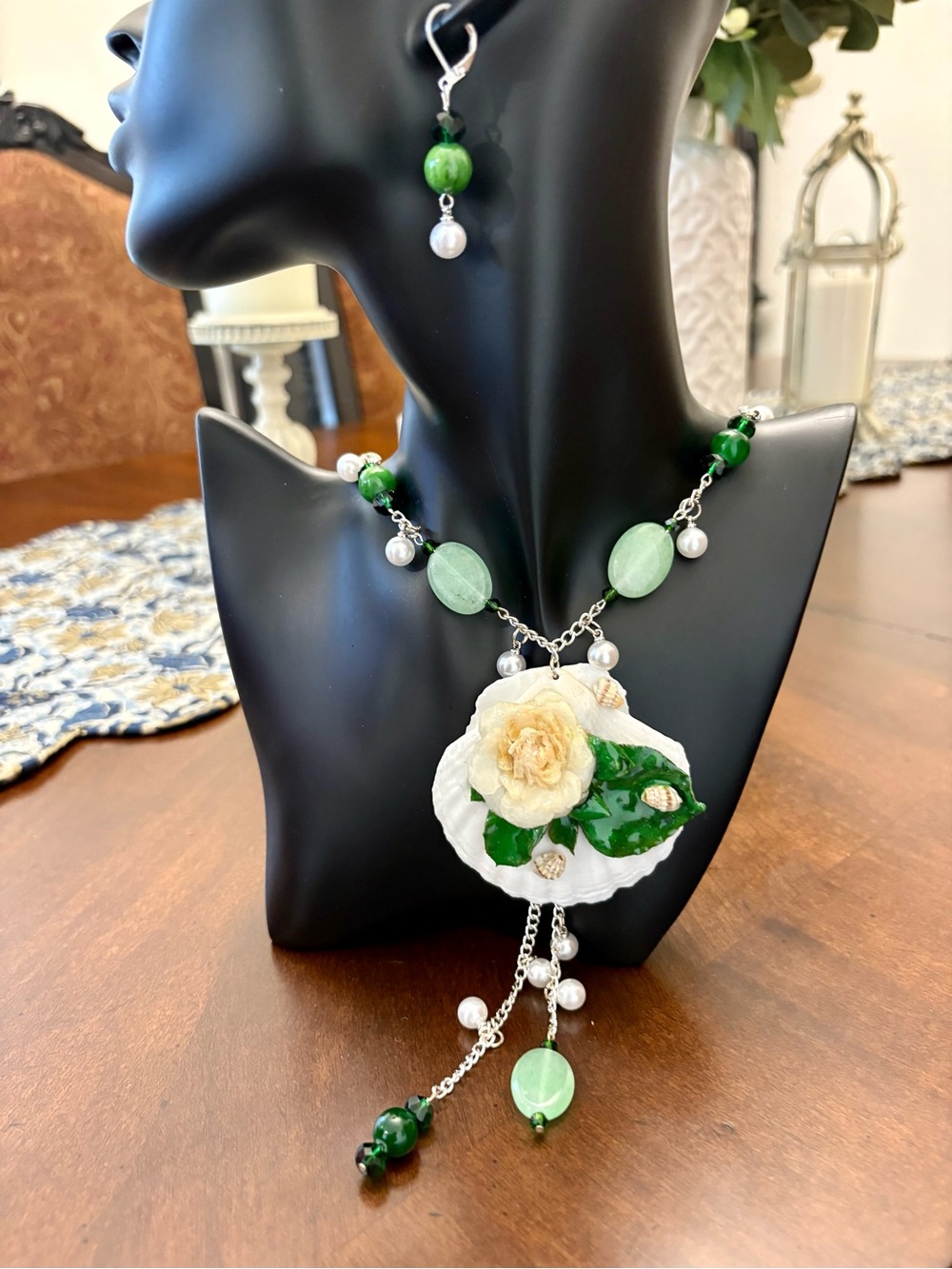 Handcrafted Green and White Floral Pendant Necklace Set - Women Jewelry